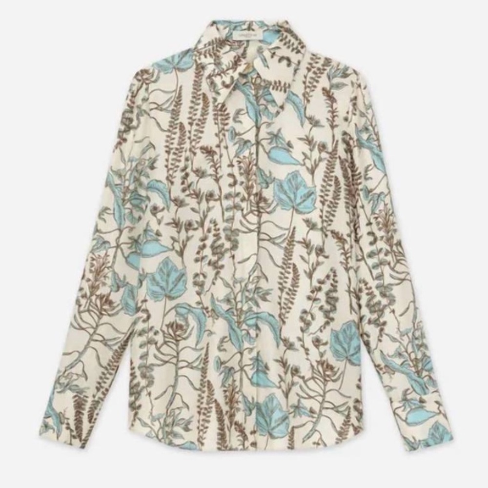 Lafayette 148 New York Botanical-Print Button-Down Silk Blouse M